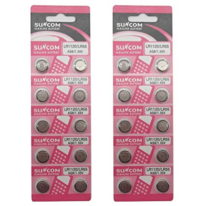 SUNCOM (20 pcs) AG8 Alkaline 1.5V Button Cell Battery Single Use LR1120 LR57 SR55 LR55 CX191 G8 Watch Toys Remotes Cameras
