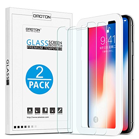 [2 Pack] iPhone X Screen Protector, OMOTON Tempered Glass Screen Protector with [9H Hardness] [Crystal Clarity] [Scratch-Resistant] [No-Bubble] [High Sensitivity] [Alignment Frame] for Apple iPhone X