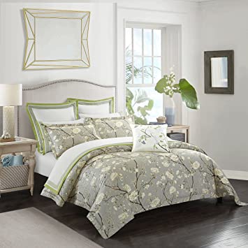 Casabolaj Camellia Collection 3 Pieces Do Not Include Filling Luxury Duvet Cover Set Light Grey Floral Botanic French Country Printed Egyptian Cotton Sateen 400 TC Button Closure Corner Ties(King)