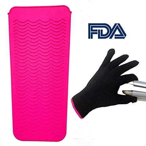 Heat Resistant Mat Pouch and Heat Resistant Glove for Curling Irons, Hair Straightener, Flat Irons and Hair Styling Tools 11.5" x 6", Food Grade Silicone, Pink