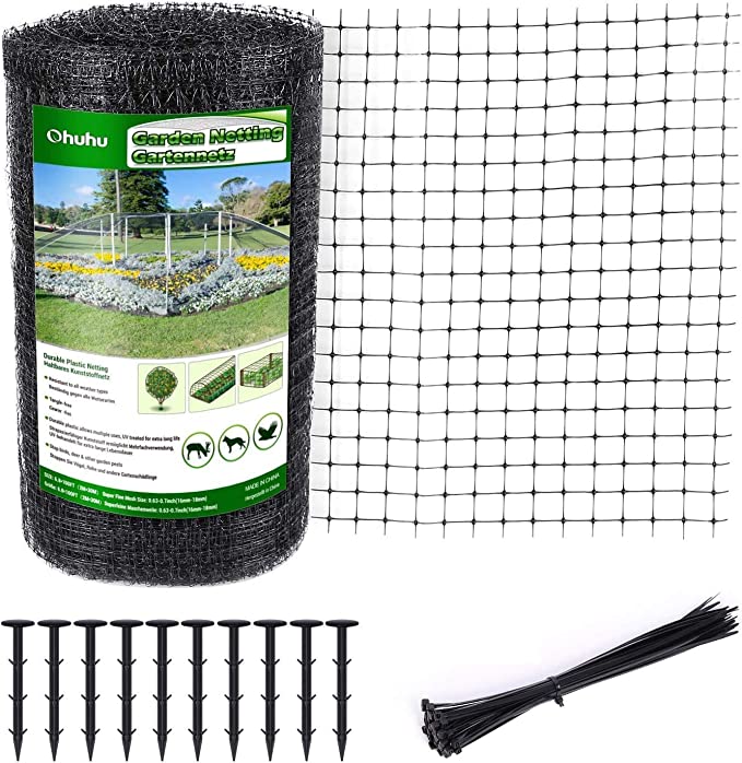 Ohuhu Bird Netting Garden Netting Reusable 2 x 30m, Heavy Duty Large Garden Net Pond Netting for Protecting Vegetables Plants Fruit with 50x Cable Ties & 10 Ground Pegs,16x18mm Mesh, Black