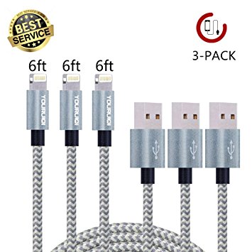 Lightning Cable,Youruiqi 3Pack 6ft Nylon Braided High Speed Charging USB Cable Cord for iPhone Charger 7/7 Plus/6/6s/6 Plus/6s Plus (Gray Silver)