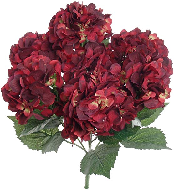 Hydrangea Silk Flowers Plant, Burgundy, Indoor Home Decoration, Outdoor Plant, Wedding, Centerpieces, Bouquets, Artificial Hydrangeas Bush with 7 Large Gorgeous Bloom Clusters, Leaves, Stems