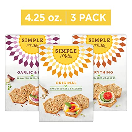 Simple Mills Sprouted Seed Crackers Variety Pack, Original, Garlic & Herb and Everything, 3 Count