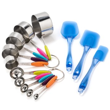 Stainless Steel Measuring Cups and Spoons with Translucent Blue Spatula Set (13 Piece Set) by AttainIt Home Goods. Treat Yourself to This Colorful Kitchen Set and Brighten Up Your Kitchen Today!