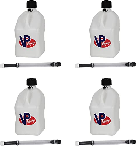 VP Racing Fuels 5 Gallon Square White Racing Utility Jug, 4 White Jugs with 4 Deluxe Filler Hoses