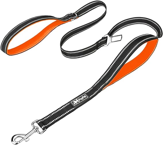 PoyPet 5 Feet Heavy Duty Dog Leash - Car Seat Belt - 2 Handles -Padded Traffic Grip for Extra Control(Orange)