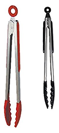 Kitchen Meister Silicone and Stainless Steel Kitchen Tong Set, 1 Red 12"L Tong and 1 Black Tong, Set of 2
