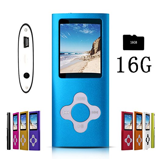 G.G.Martinsen Blue Versatile MP3/MP4 Player with a 16GB Micro SD card, Support Photo Viewer, Radio and Voice Recorder, Mini USB Port 1.8 LCD, Digital MP3 Player, MP4 Player, Video/ Media/Music Player