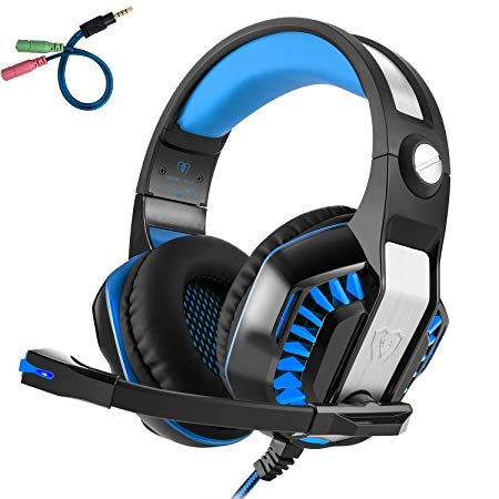 Beexcellent GM-2 Pro Gaming Over-Ear Headset with Mic, LED Lights and Volume Control Stereo Bass, Noise Cancelling, 3.5mm, for PS4 Xbox One, Laptop, PC, Tablet, Most Smartphones (Blue)