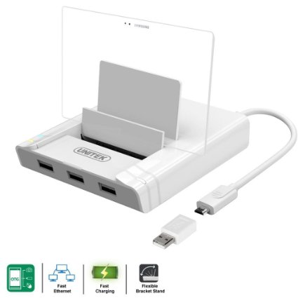 UNITEK Charge and Sync OTG Dock Station with 3-Port HubRJ45 Fast Ethernet Adapter with Smart Stand for Android  Windows Phone Tablet