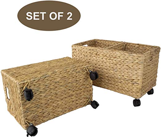 Made Terra Set 2 of Seagrass and Water Hyacinth Storage Baskets on Wheels | Straw Wire Woven Wicker Baskets for Kitchen, Pantry, Home Organization and Decor (Water Hyacinth (Fishbone Weaving))