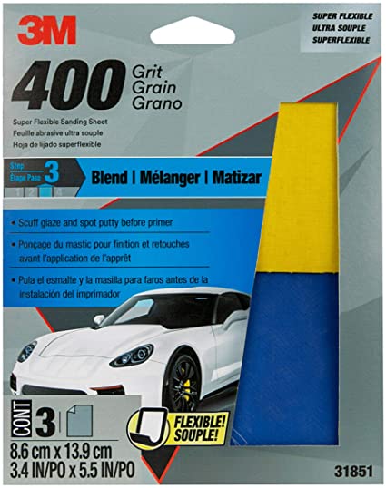 3M Auto Super Flexible Sanding Sheets, 400 Grit, 3.4 in x 5.5 in, 3 Sheets