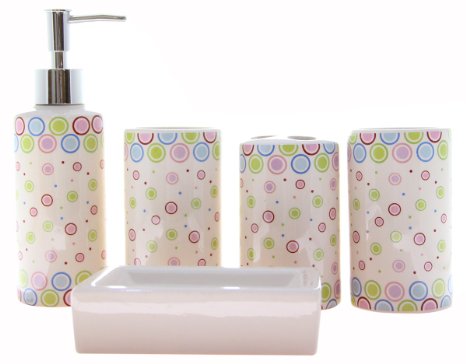 JustNile 5-Piece Ceramic Bathroom Accessory Set - Pastel Circles