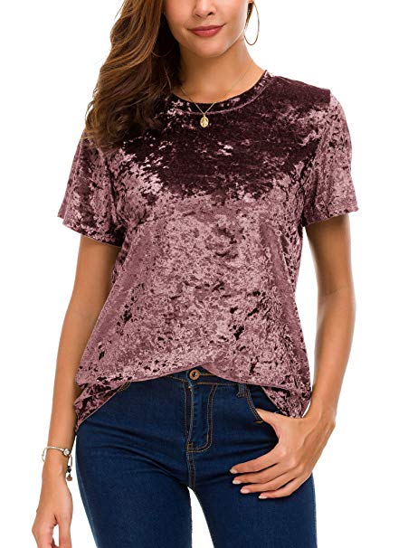 Women's Crew Neck Velvet Top Short Sleeve T-Shirt