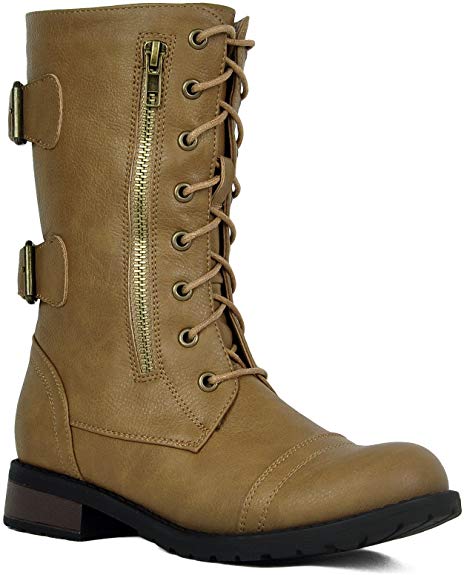 Women's Winter Combat Booties Ankle to Mid Calf Lug Sole Stacked Heel Military Motorcycle Boots