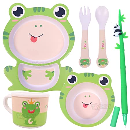 Toyshine 5 Piece Bamboo Dinnerware for Kids, Toddler, Plate and Bowl Set, Eco Friendly and Dishwasher Safe, Great Gift for Birthday, Baby Shower- Cute Frog