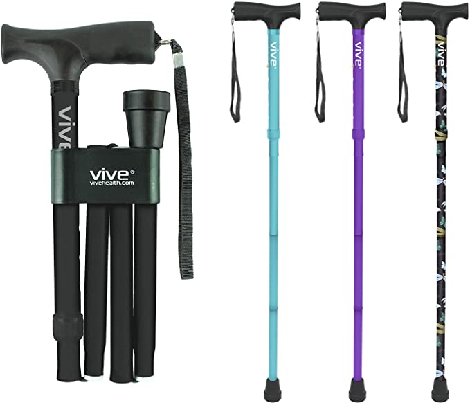 Vive Folding Cane - Lightweight Foldable Walking Stick for Men & Women - Adjustable & Durable for Portable Travel- Collapsible Balancing Mobility Aid - Sleek Ergonomic & Comfortable Handles (Black)