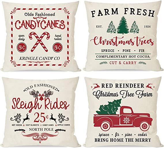 Christmas Pillow Covers Set of 4 18x18 Inch Farmhouse Christmas Decorations Winter Holiday Decor Linen Throw Pillows Cases ​for Home Couch Outdoor Indoor Throw Cushion Case