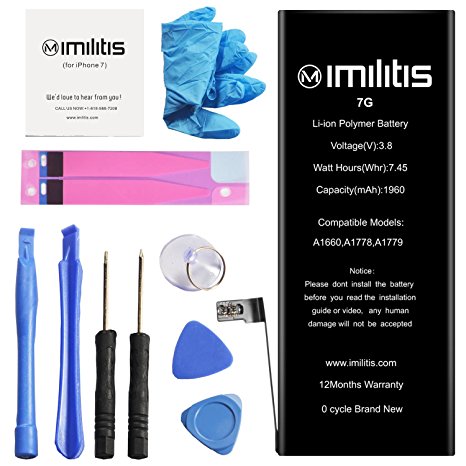 IMILITIS Battery for iPhone 7 3.82v 1960 mAh Li-ion Polymer Mobile Phone Battery with All Repair Replacement Kit Tools Adhesive Strips and Instructions (12-Month Warranty)