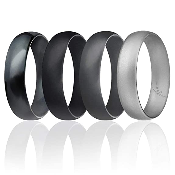 ROQ Silicone Wedding Ring for Men, Affordable 6mm Metallic Silicone Rubber Wedding Bands, Comfort Fit, Singles, 4 & 7 Packs - Black, Grey, Silver, Blue, White