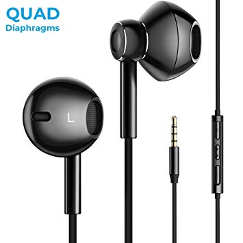 Headphones Earbuds, Linklike Classic 2 Wired Headphones in-Ear Earbuds with Mic Call Control 3.5mm Jack, QUAD Diaphragms Deep Bass Hi-Res Stereo Earphones with High Durability - Bright Black