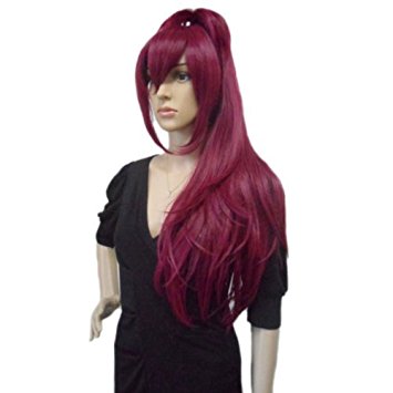 Anogol Hair Cap Long Straight Wine Red Ponytail Anime Cosplay Party wig