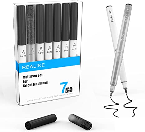 REALIKE Black Pens for Cricut Maker 3/Maker/Explore 3/Air 2/Air Calligraphy Glitter Gel style 7 pensVariety tips size 0.4 Fine Point Tip 1.0/2.0/2.5 for Drawing Coloring Writing Lettering