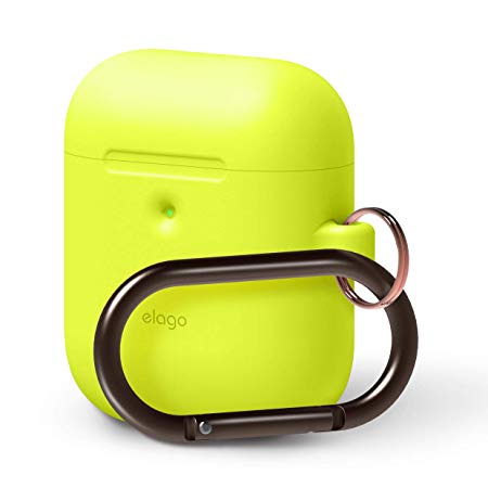 elago AirPods Hang Case [Neon Yellow] - [Front LED Visible][Supports Wireless Charging][Extra Protection][Added Carabiner][2019 Latest Model] - for AirPods 2 Wireless Charging Case