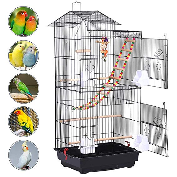 Yaheetech 39''H Roof Top Large Metal Bird Cage Parrot Cockatiel Conure Parakeet Budgie Finch Lovebird Pet Bird Cage w/Toys