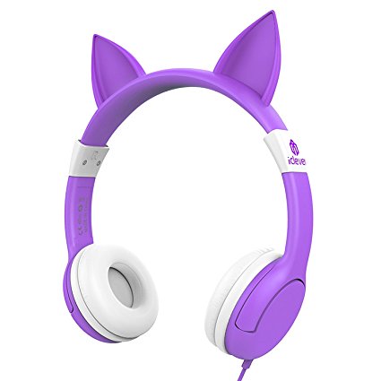 iClever BoostCare Wired Kids Headphones Cat-inspired Over the Ear Headsets with 85 Volume Limited, Food Grade Silicon Material(HS08), Purple