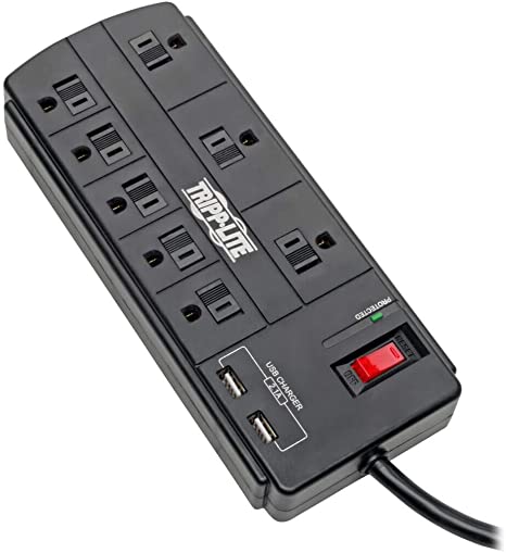 Tripp Lite Surge Protector with USB Charging, 8 Outlet Surge Protector Power Strip, 2 USB Charge Ports, 8ft Cord, 1200 Joules, Black (TLP88USBB)