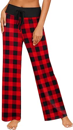 Ekouaer Women's Pajama Pants Wide Leg Yoga Pants Lounge Drawstring Pants Comfy Stretch Plaid Pj Bottoms