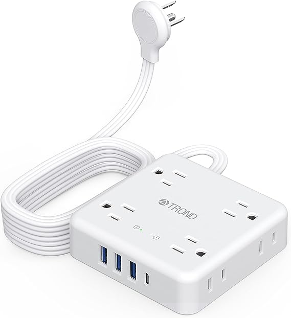 Power Strip Flat Plug - TROND 15FT Long Flat Extension Cord Surge Protector with 3 USB-A & 1 USB-C Port, Slim Cord with 8 Widely-Spaced Outlets, 1440J, Wall Mount for Home Office Dorm Room, White