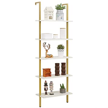 SUPERJARE Industrial Ladder Shelf, 5-Tier Wood Wall-Mounted Bookcase with Stable Metal Frame, 72 Inches Storage Rack Shelves Display Plant Flower, Stand Bookshelf for Home Office - White / Gold