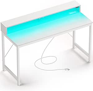 Rolanstar Computer Desk 55 inch with LED Lights & Power Outlets, Home Office Desk with Monitor Shelf, Gaming Desk, Writing Desk, Study Desk for Student & Kids, White