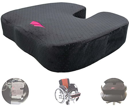 FoMI Ultra Thick Coccyx Orthopedic Anti Slip Memory Foam Seat Cushion. Black Velour Cover. For Car Seat, Office Chair, or Wheelchair; Back Pain and Sciatica Relief