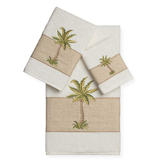 PH 3 Piece Cream Palm Tree Embroidered Towel Set with 27 X 54 Inches Bath Towel, Off White Applique Embellished Textured Woven Border Soft Absorbent Cozy Elegant Trendy Stylish Towels, Turkish Cotton