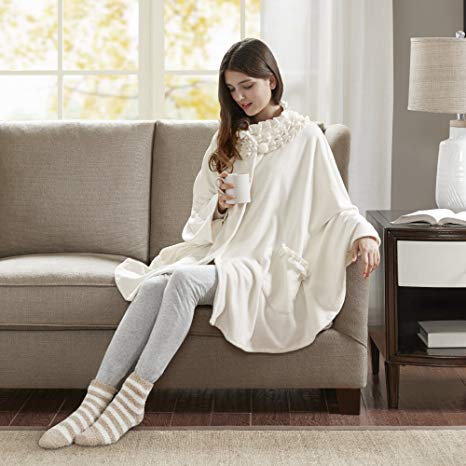 Comfort Spaces - Stylish Soft Microfleece Poncho Angel Wrap with Matched Sock Set - Travel Blanket - (One Size fits Most)- Ivory