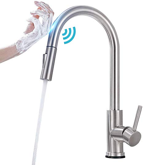 Qomolangma Touch Sensor Brush Nickel Kitchen Faucets With Pull Down Sprayer, Single Hole Deck Mount Single Handle Kitchen Sink Faucet With Pull Out Sprayer, Fingerprint Resistant, 304 Stainless Steel