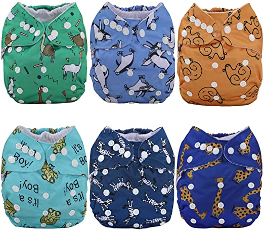 Anmababy 6 Reusable Pocket Cloth Diapers  6 Bamboo Inserts and 1 Dry/Wet Bag.