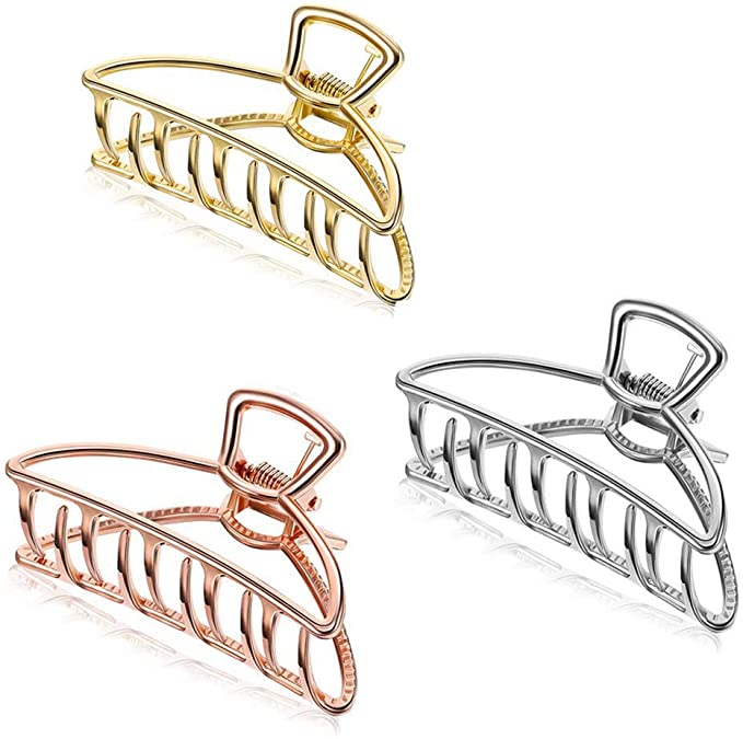 Emoly 3 Pack Large Metal Claw Clips Hollow Non-Slip Hair Catch Jaw Clamp for Women Girls Hair Barrette for Fixing Hair (Silver&Gold&Rose Gold)