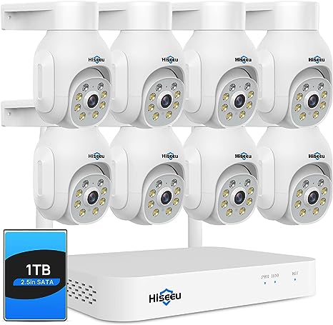 【Dual Wi-Fi,2-Way Audio】 Hiseeu WiFi PTZ Security Camera System,5MP,Expandable 10CH NVR,1TB Hard Drive,8PCS Color Night,12V DC Power Cords,IP66 Waterproof, Motion Alert,24/7 Motion Record, Auto Track