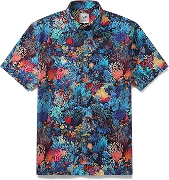 YIUME Hawaiian Shirt for Men Marine Plants Button-Down Short Sleeve 100% Cotton Shirt