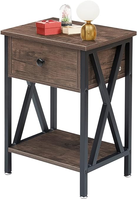 VECELO Modern Side End Table, Nightstand Storage Shelf with Bin Drawer for Living Room, Bedroom, Lounge, 15.8in11.8in21.7in, Grey