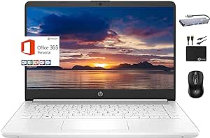 HP 2024 Premium 14" Micro-Edge Portable Laptop Student Business, Intel Quad-Core N4120, 4GB RAM, 128GB (64GB eMMC  64GB Card), Webcam, WiFi, Windows 11S   1 Year Office 365, MarxsolAccessory White