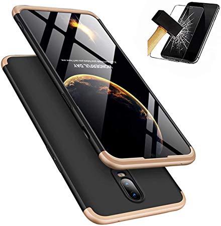 OnePlus 6T Case, Laixin Protection 3 in 1 Slim Hard PC Cover with Screen Protector Shockproof Shell Full Body Protective Case Bumper (Gold & Black)