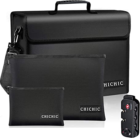CHICHIC X Large Fireproof Bag with TSA Lock, Fireproof Document Bags, Fireproof Safe Water Resistant Safe Bag Firebox for Money Cash File A4 Document Tablet Valuables, 3 Size for Multiple Purposes