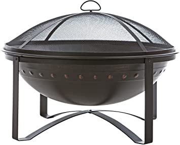 Fire Sense Highland Round Wood Burning Fire Pit | Brushed Bronze Finish | Mesh Spark Screen, Wood Grate, and Screen Lift Tool Included | 29 Inch Steel Fire Bowl | Lightweight Portable Patio