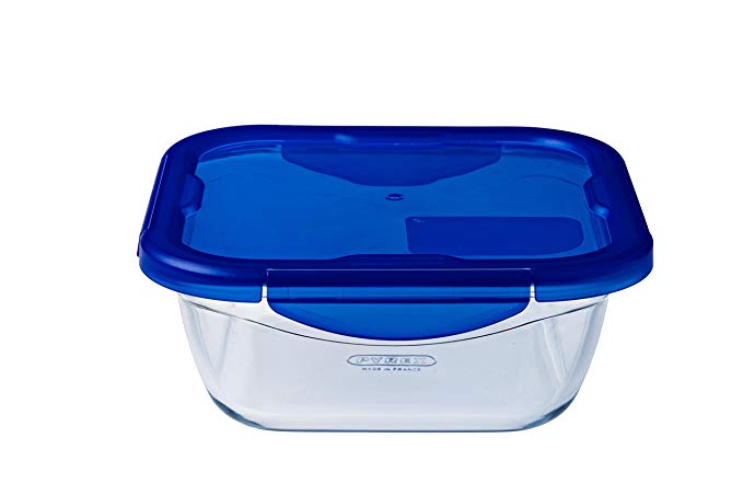 Pyrex Cook & Go rectangular glass food storage container/roaster with airtight and leakproof 4 clip locking lid – oven, freezer and microwave safe - 16x16x6 cm - 0,80L